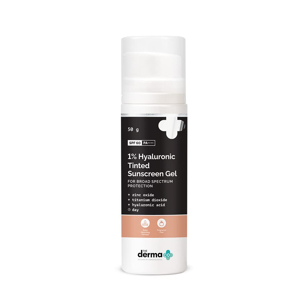 The Derma Co 1% Hyaluronic Tinted Sunscreen Gel with SPF 60 PA++++ | No White Cast | Lightweight | Broad Spectrum Protection | 50 g