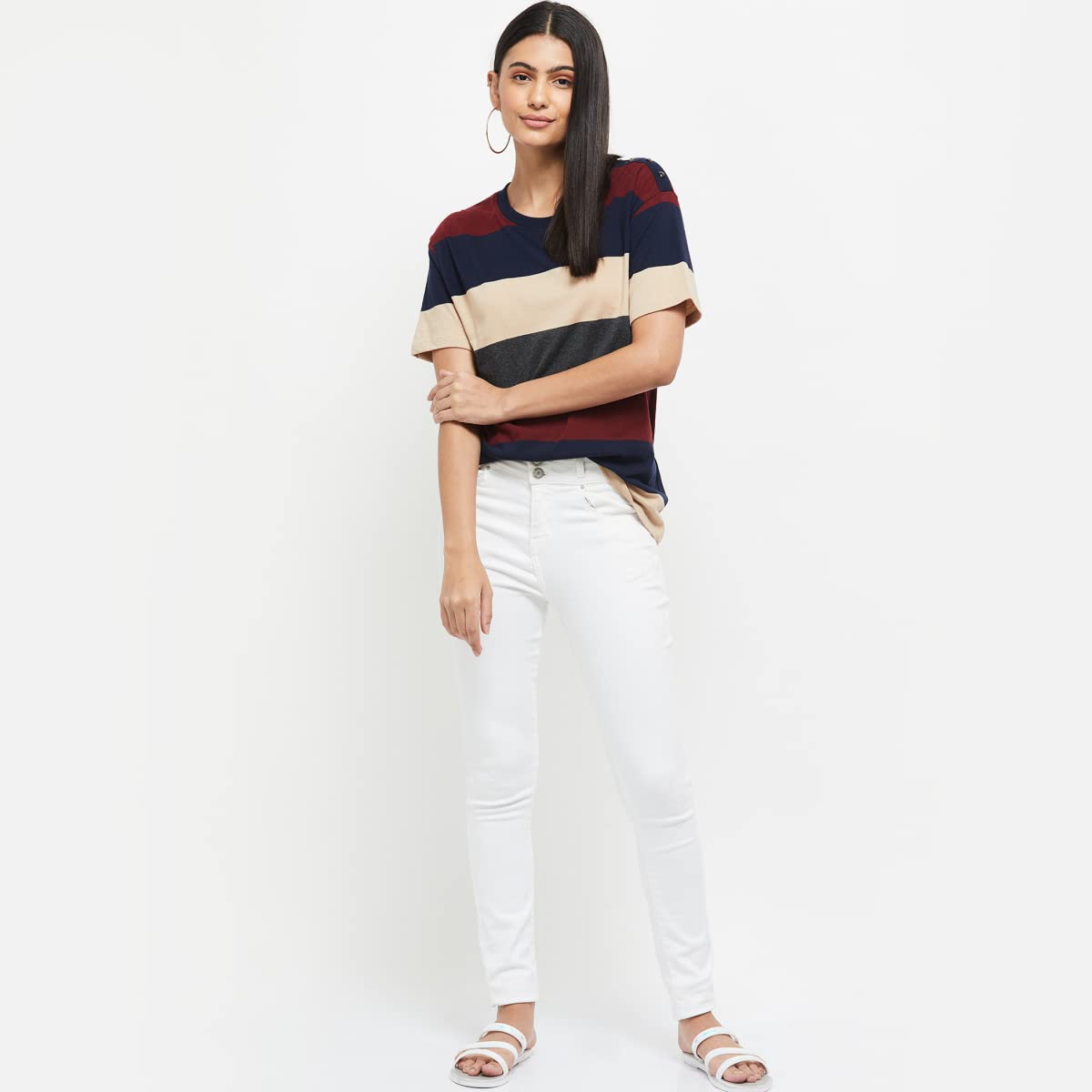 Max Women's Cotton Regular Fit Striped Round Neck T-Shirt