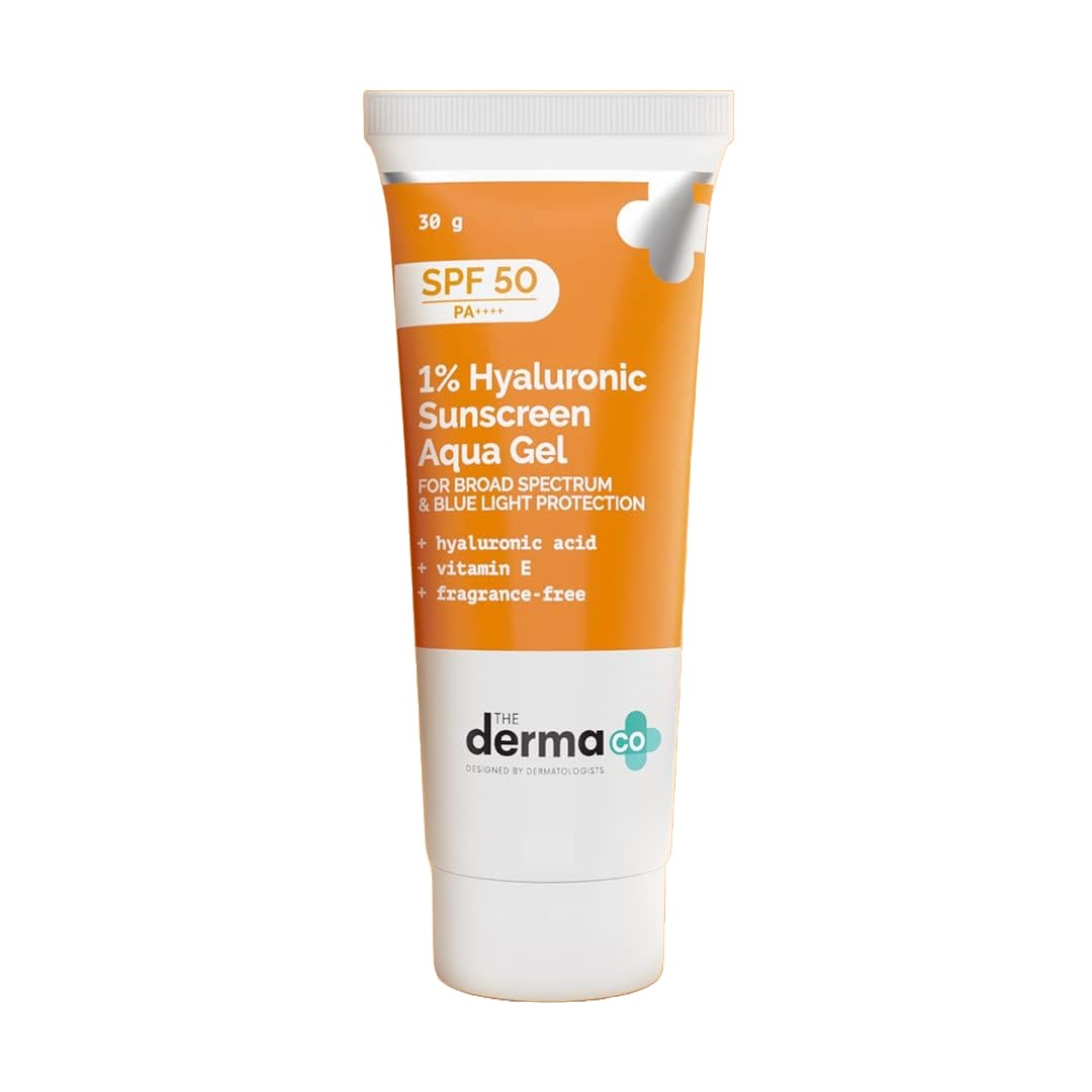 The Derma Co 1% Hyaluronic Sunscreen Aqua Gel SPF 50 PA++++ | Hyaluronic Acid for Deep, Long Lasting Hydration | Ultra Lightweight Texture I Non-Greasy, No White Cast | Broad Spectrum Protection & Blue Light Protection | Clinically Tested, 30G