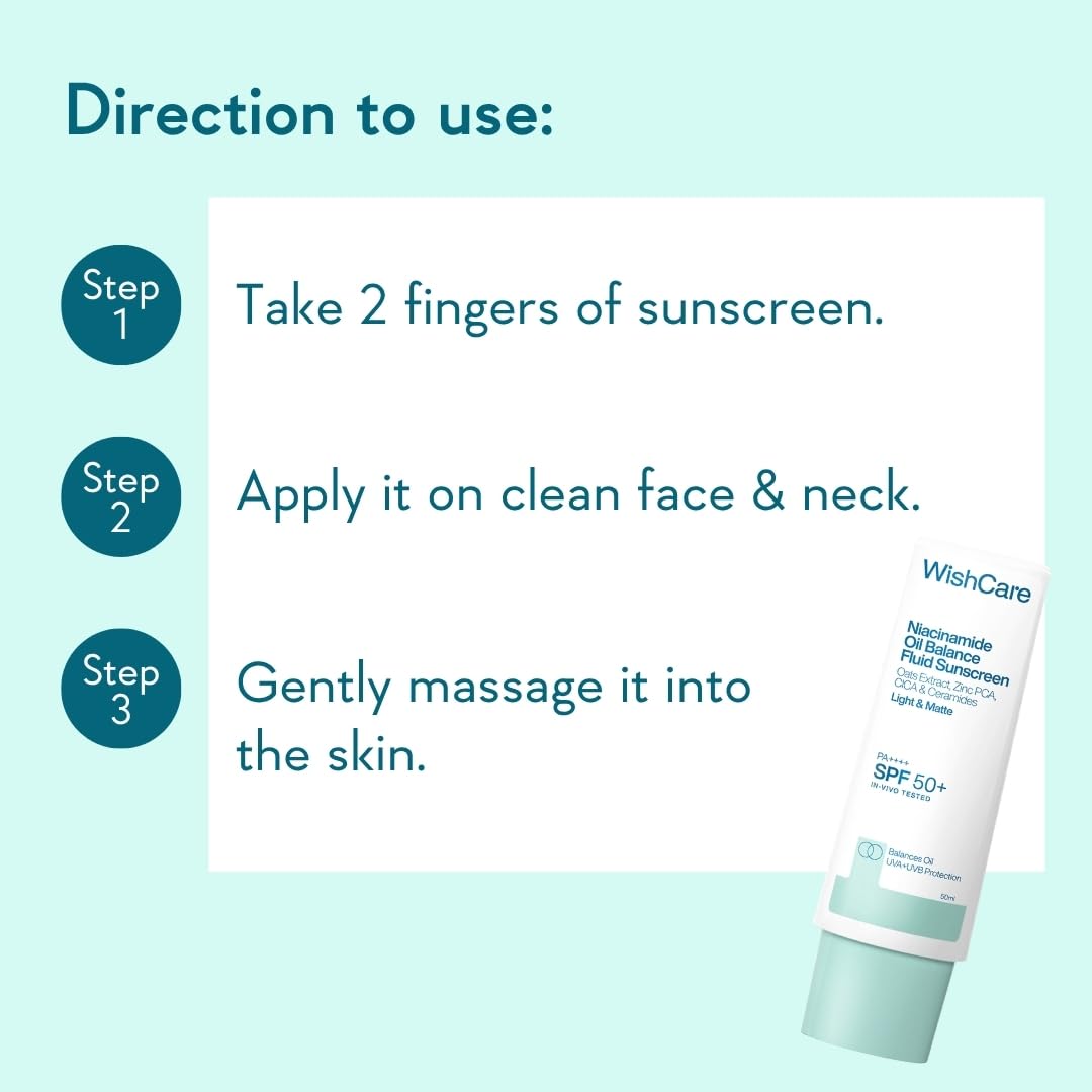 WishCare Niacinamide Oil Balance Fluid Sunscreen SPF 50 PA++++ In-Vivo Tested | 8Hrs+ SPF Protection | Lightweight, Matte & No White Cast | Photostable Sunscreen SPF 50 | 50 ml