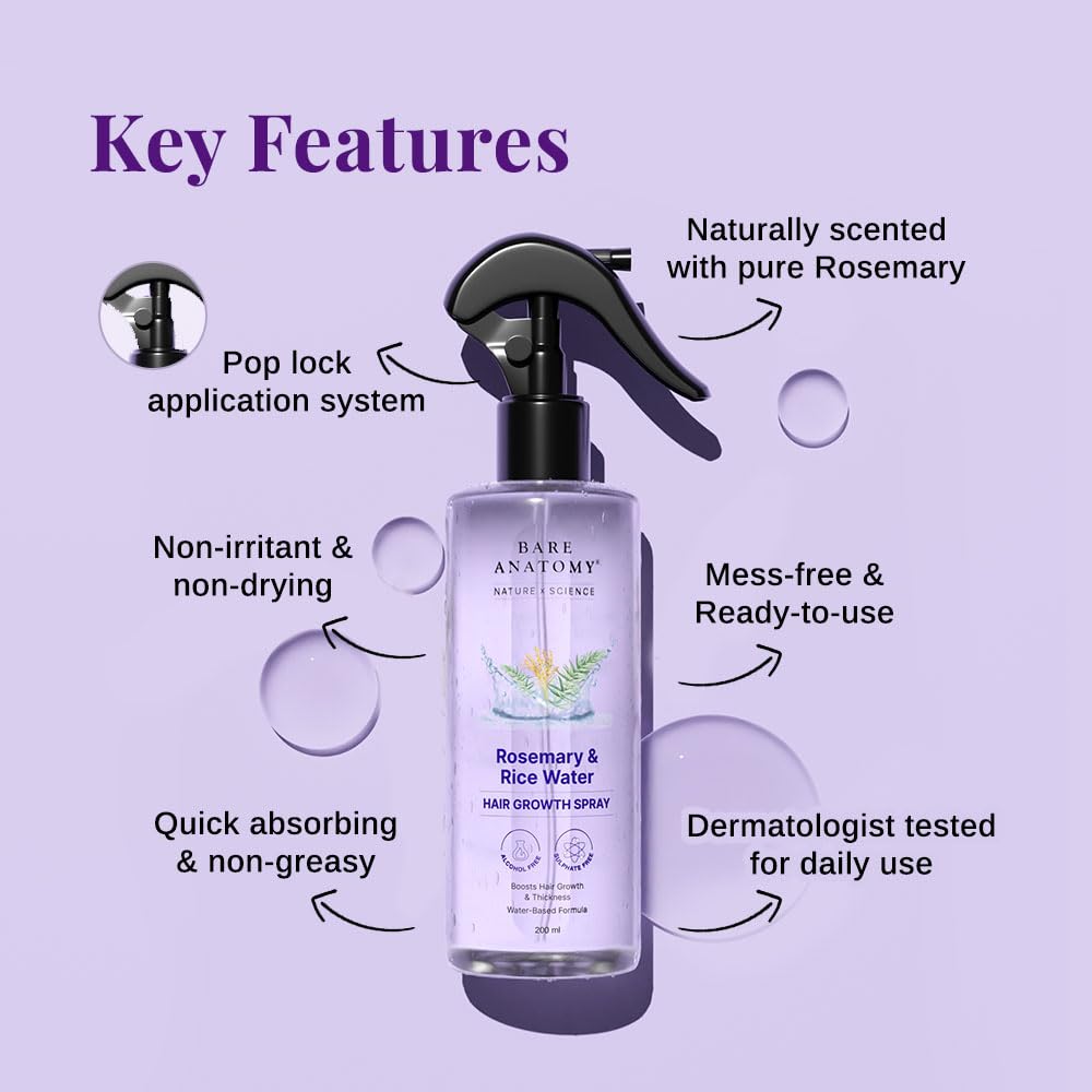 Bare Anatomy Nature X Science Rosemary Water Spray For Hair Growth & Thickness With Rice Water|100% Natural Extract|Soft & Smooth Hair|Controls Hairfall & Adds Shine|Non-Greasy & Fast Absorbing|200 Ml