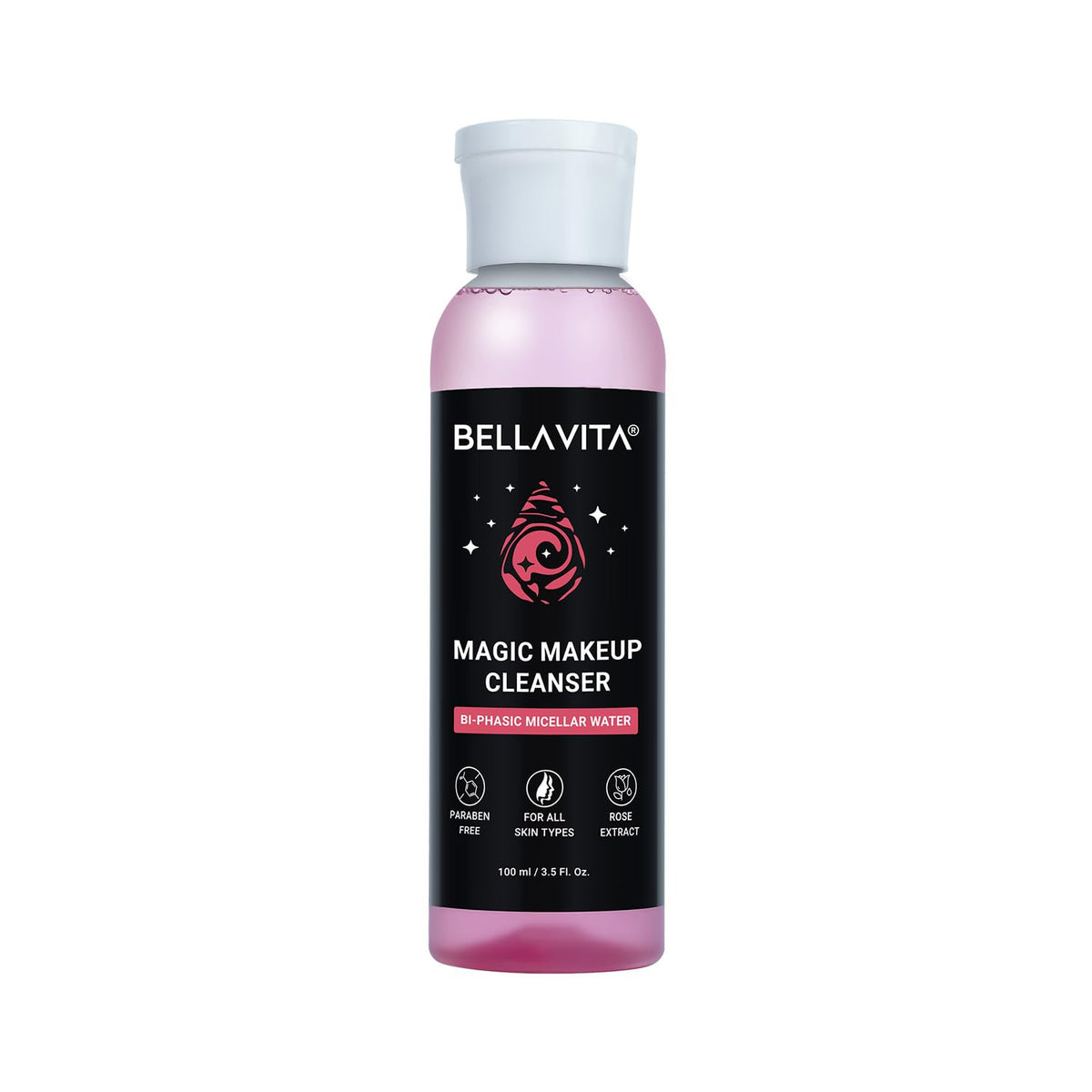 BELLAVITA Micellar Water Makeup Remover | Enriched with Rose Extract | Removes Waterproof Makeup | Dual Action Cleansing | Suitable for Eyes & Lips | Gentle Hydration Non-Greasy & Lightweight | 100 ML