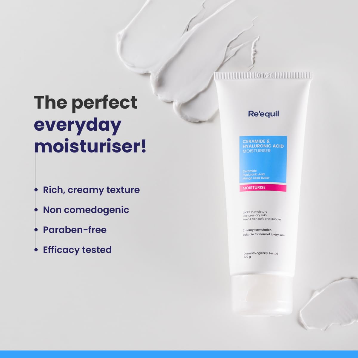 RE' EQUIL Ceramide & Hyaluronic Acid Moisturiser | Moisturizer For Face | Barrier Repair Cream | Long Lasting Hydration | Suitable For Normal To Dry Skin | 100G