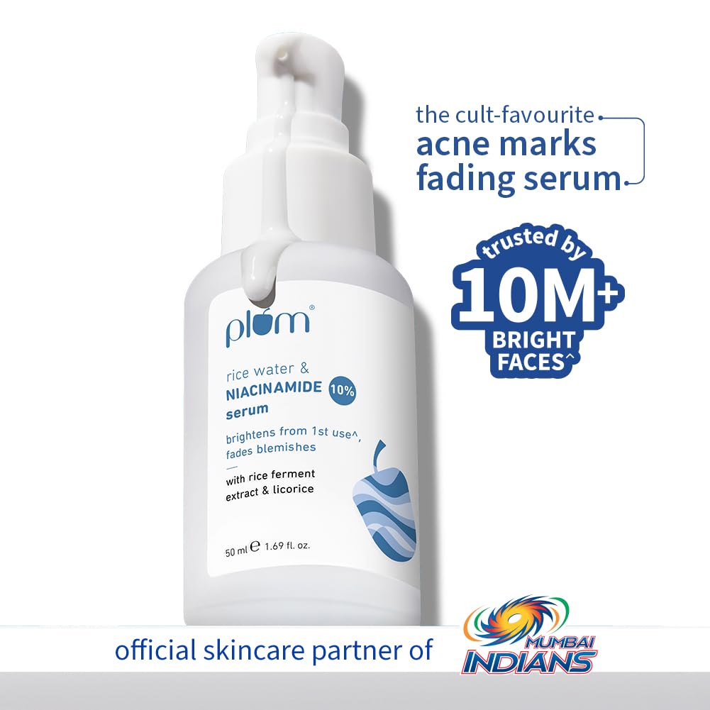 Plum 10% Niacinamide Serum with Rice Water 50ml | Provides Clear, Glowing & Brightening Skin | for Acne Prone, Combination, Oily & Sensitive Skin | Oil Control & Anti Acne Face Serum for Women & Men