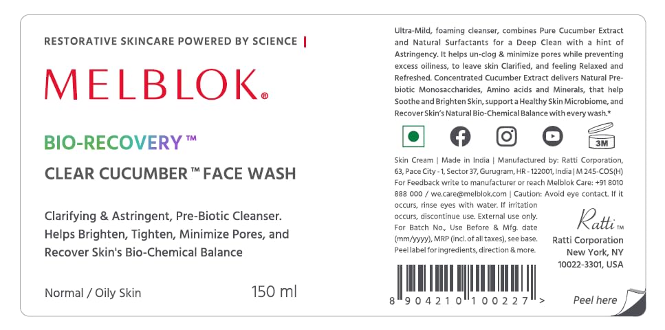 Melblok Bio-Recovery Clear Cucumber Face Wash 150ml | For Oily & Combination Skin| Oil Control, Pore Cleansing & Non-Drying Prebiotic Face Cleanser with Niacinamide