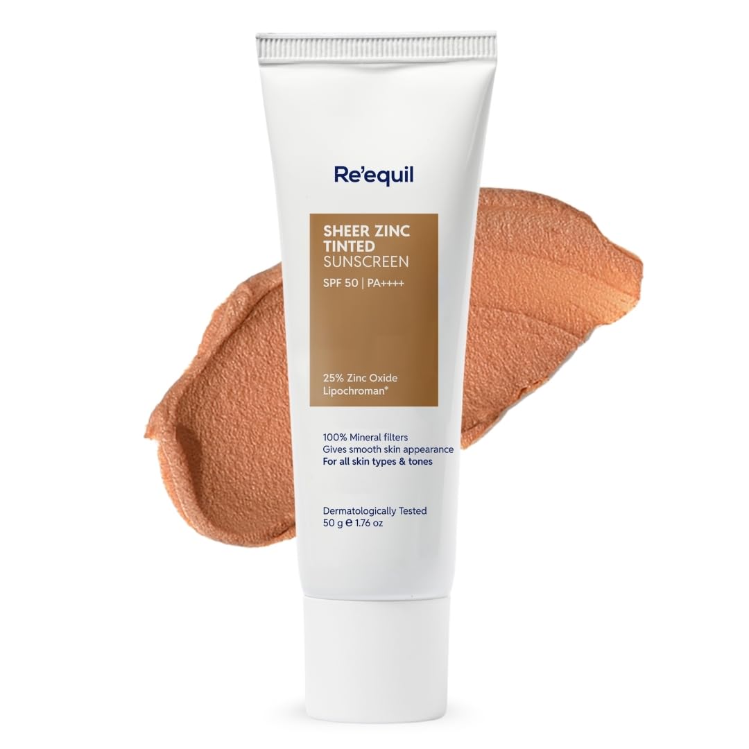 Re'equil Sheer Zinc Tinted Sunscreen | 100% Mineral-based Sunscreen | UVA, UBV, & IR Protection | Water Resistant with SPF 50 PA++++ | For All Skin Types | 50g