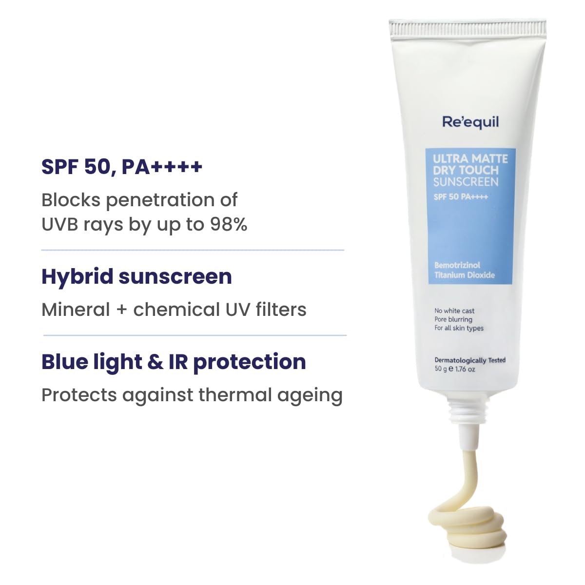 RE' EQUIL Ultra Matte Dry Touch Sunscreen | SPF 50 PA++++ | Water & Sweat Resistant | No White Cast, Non-Greasy & Non-Comedogenic | For All Skin Types | 50G