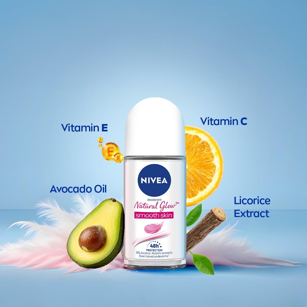NIVEA Natural Glow Smooth Skin Deodorant Underarm Roll On for Women| Vitamin C, Vitamin E, Avocado oil and Licorice Extract | 72 H Even Toned, Smooth & Bright Underarms | 0% Alcohol and Dermat Approved |50 ml