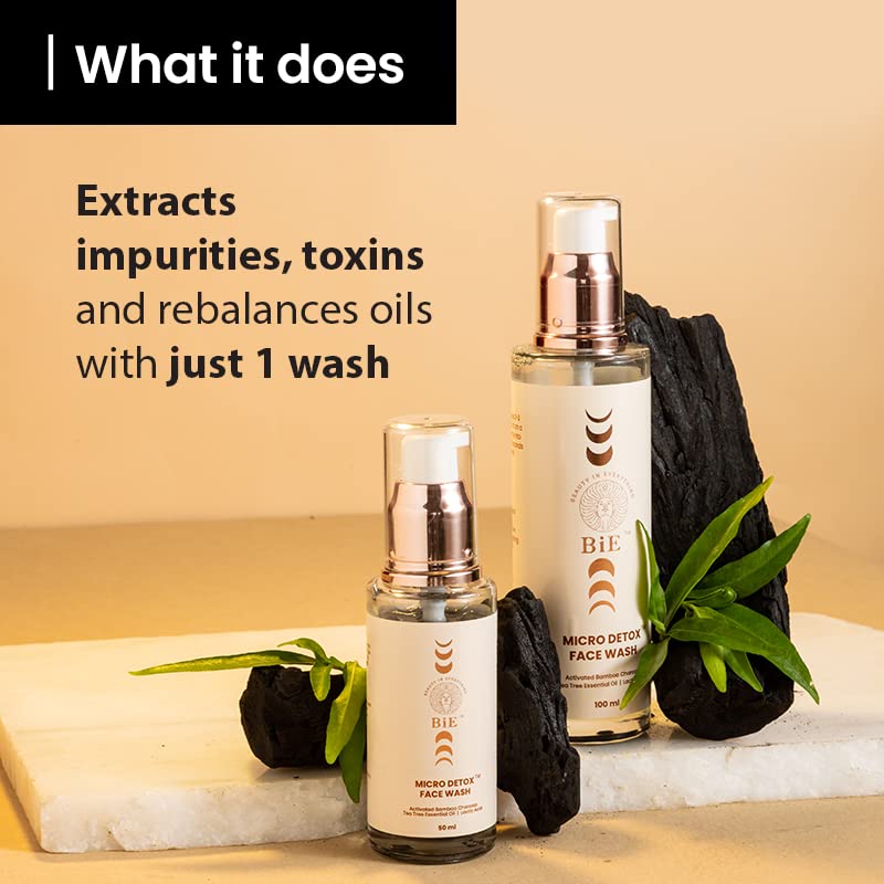 BiE Micro Detox Face Wash | Activated Charcoal - Fights Pollution and Acne | Lactic Acid - Brightens Skin | Tea Tree Oil - Controls Oil | SLS & Paraben Free | Bright & Skin Purifying | For Women & Men | 100ml