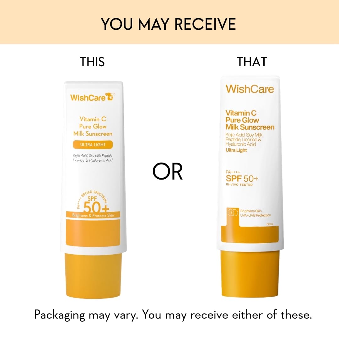WishCare Vitamin C Pure Glow Milk Sunscreen with SPF 50 PA++++ In-Vivo Tested | Glowing Skin with Broad Spectrum Protection | Ultra Lightweight, Oil Free & No White Cast | For All Skin Types | 50ml