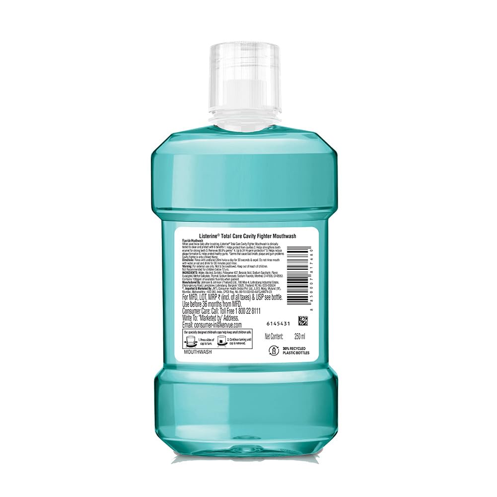 Listerine Cavity Fighter Mouthwash Liquid, Removes 99.9% Germs, prevents cavities, 250ml (Pack of 1)