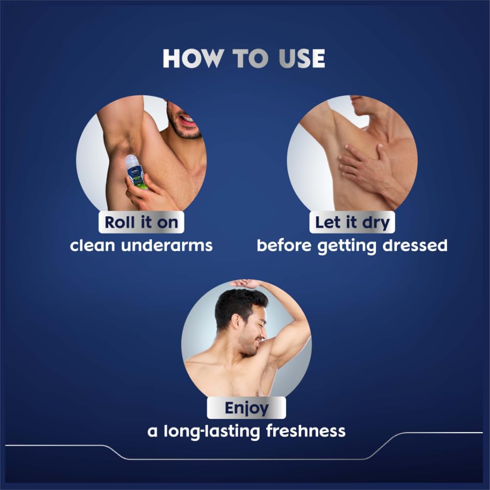 NIVEA MEN Fresh Power Underarm Roll-On Deodorant | 72 H Long Lasting Freshness | Fights bacteria and body odour | Fresh musk fragrance | 0% Alcohol | Dermatologically Approved & Paraben Free Formula | 50ml