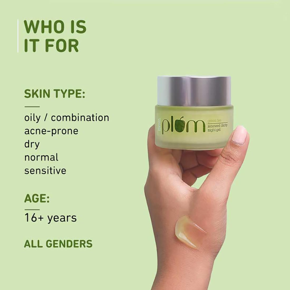 Plum Green Tea Renewed Clarity Night Gel Mini | Hydrates Skin & Fights Acne | Lightweight, Quick-Absorbing, Non-Sticky Gel Texture | Oily, Acne-Prone Skin | 100% Vegan(15ml)