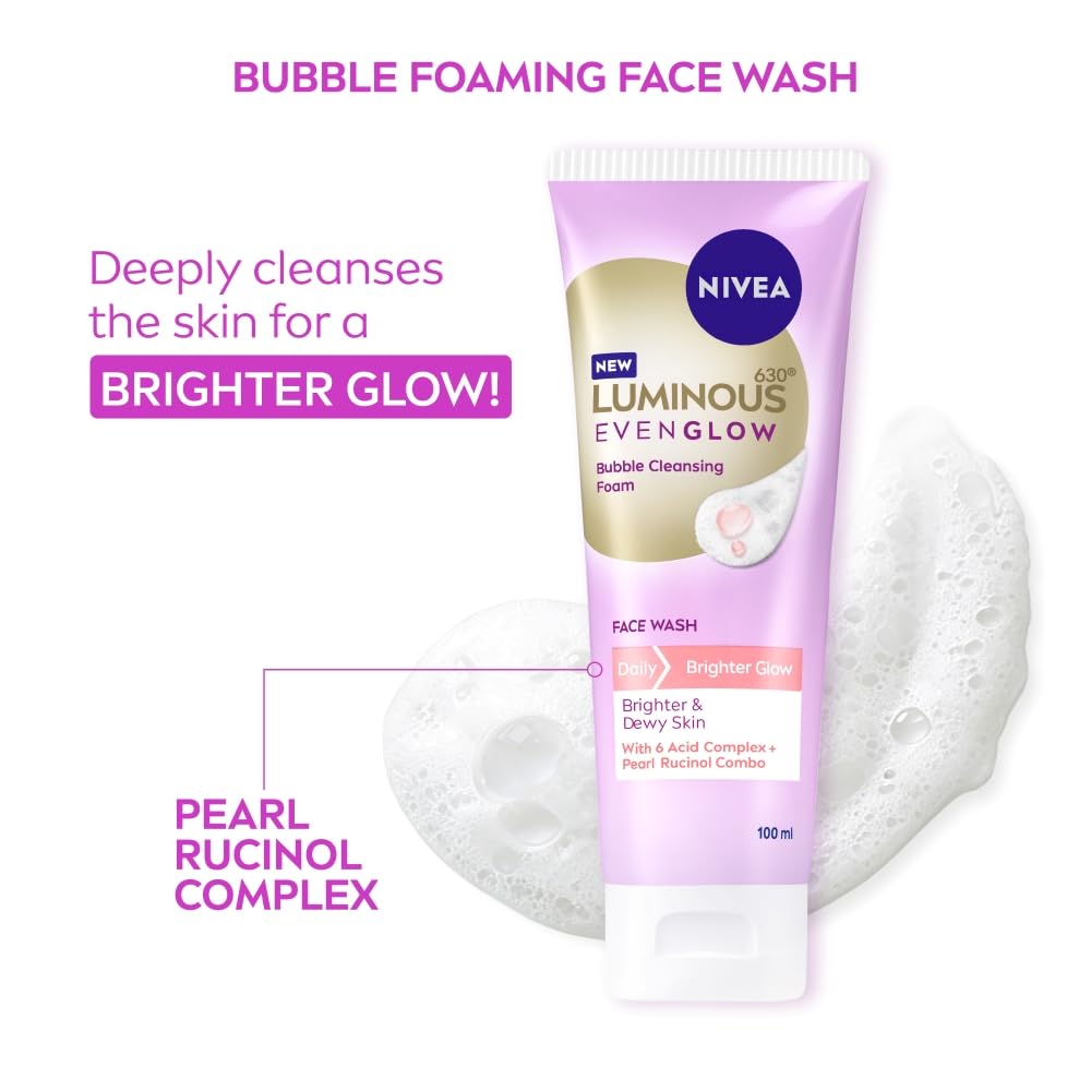 NIVEA Luminous Pearl Rucinol - Bubble Foaming Face Wash for Brighter Glow, 100 ml | Cleanses, Brightens, Unclogs Pores & Hydrates | Removes Make Up | For oily, dry & sensitive skin | Men & women