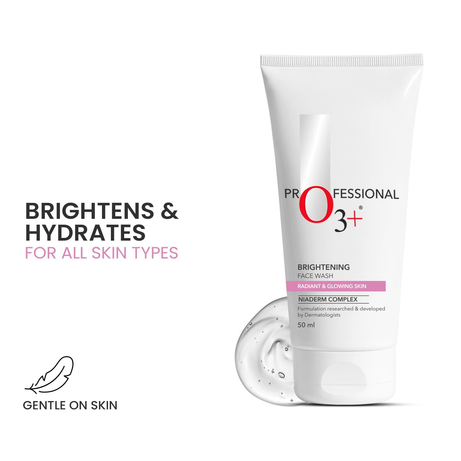 O3+ Brightening Face Wash for Glowing Skin | Removes Tan & Dullness | Niacinamide, Aloe & Cucumber | Soap-Free, Hydrating Cleanser for Men & Women, 50 ml