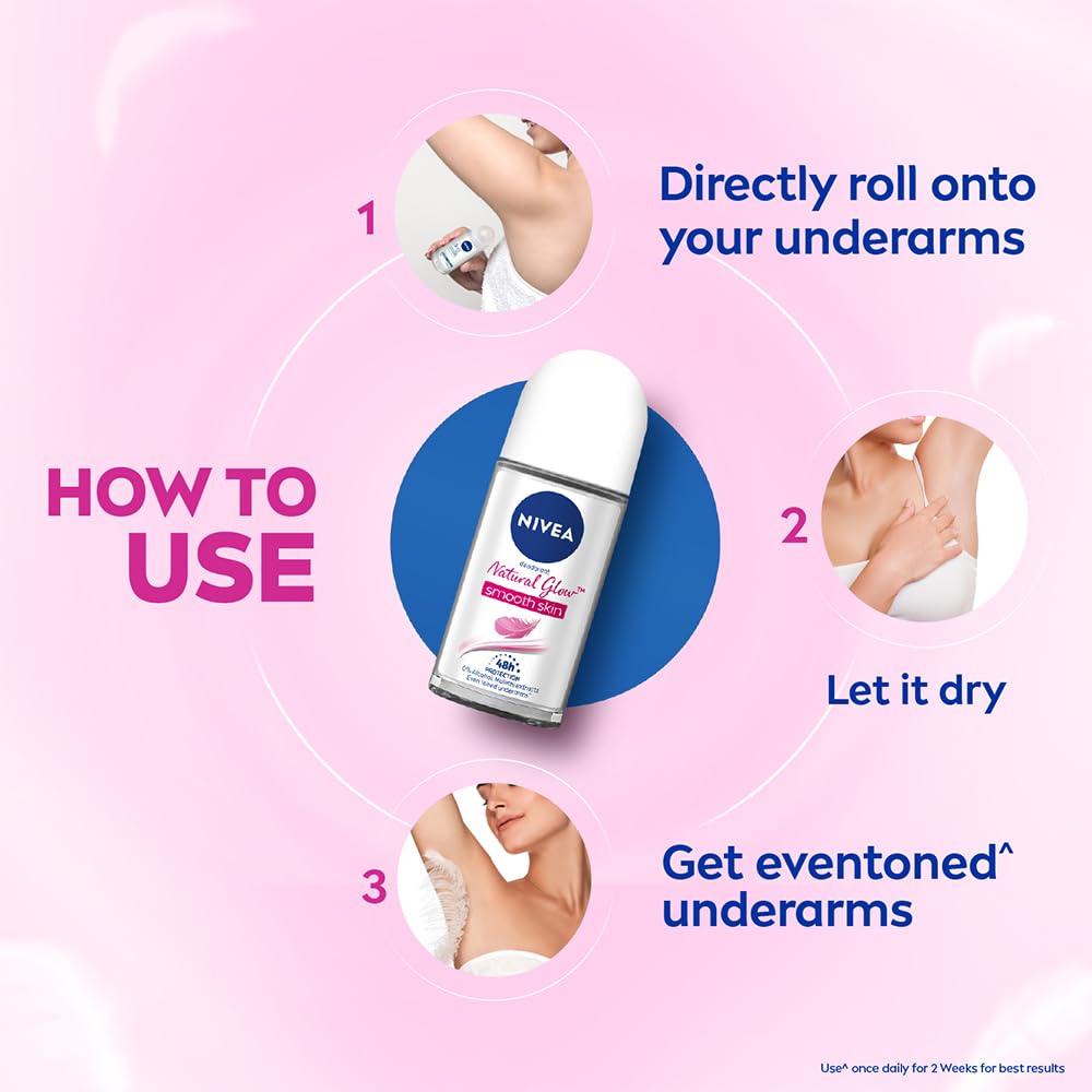 NIVEA Natural Glow Smooth Skin Deodorant Underarm Roll On for Women| Vitamin C, Vitamin E, Avocado oil and Licorice Extract | 72 H Even Toned, Smooth & Bright Underarms | 0% Alcohol and Dermat Approved |50 ml