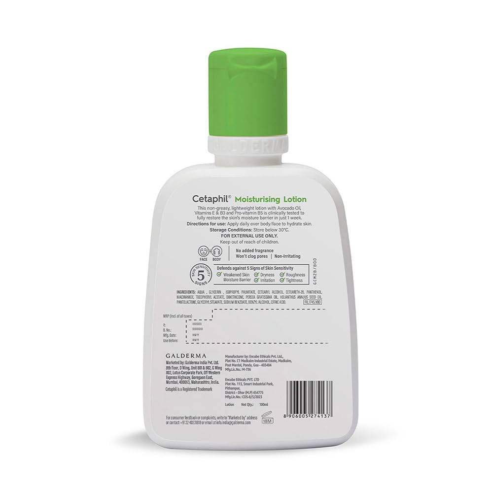Cetaphil Moisturizing Lotion for Dry to Normal, Sensitive Skin| 100 ml| Moisturizer with Niacinamide, Panthenol| Non-greasy, Won t Clog Pores| Dermatologist Recommended| Paraben, Sulphate Free