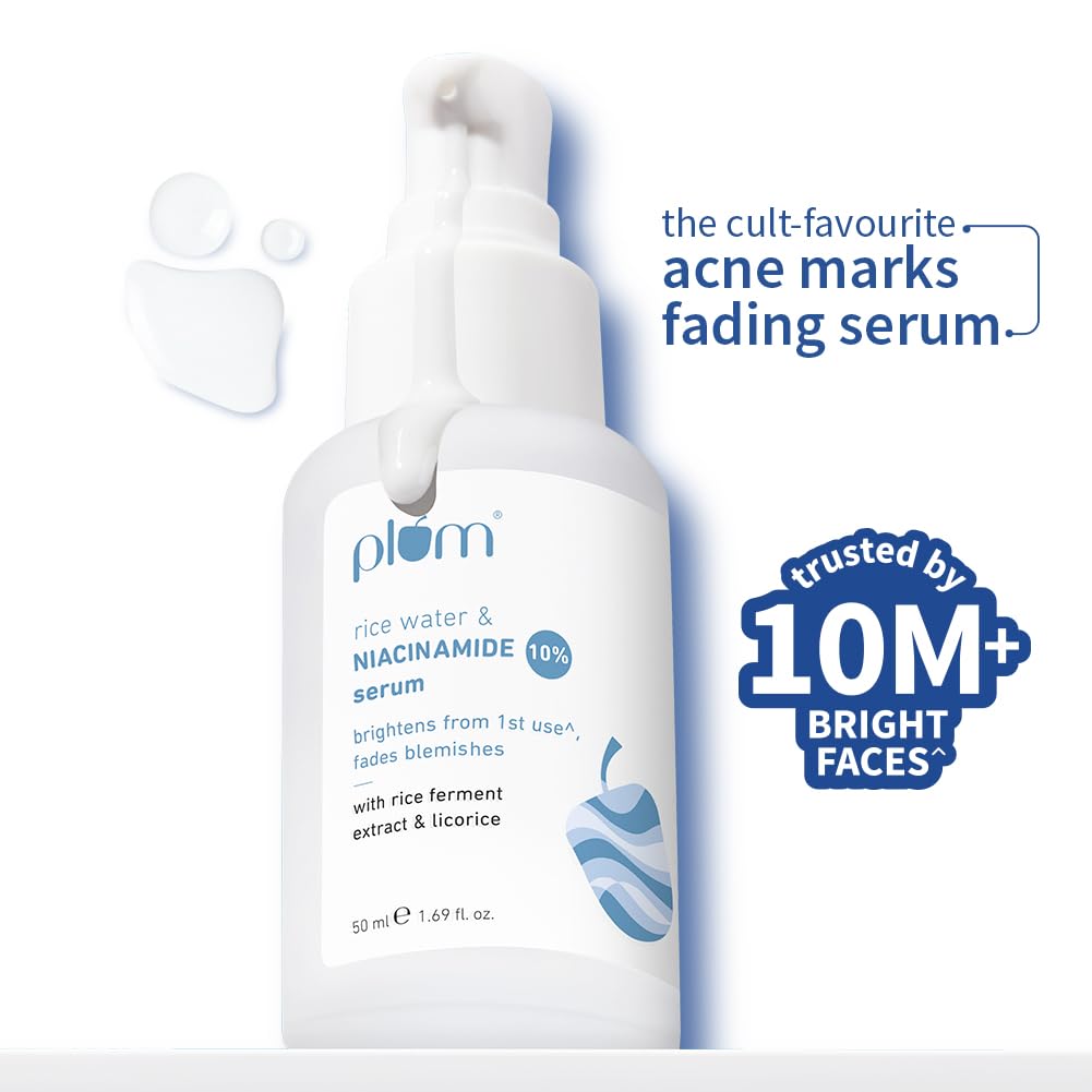 Plum 10% Niacinamide Serum with Rice Water 50ml | Provides Clear, Glowing & Brightening Skin | for Acne Prone, Combination, Oily & Sensitive Skin | Oil Control & Anti Acne Face Serum for Women & Men
