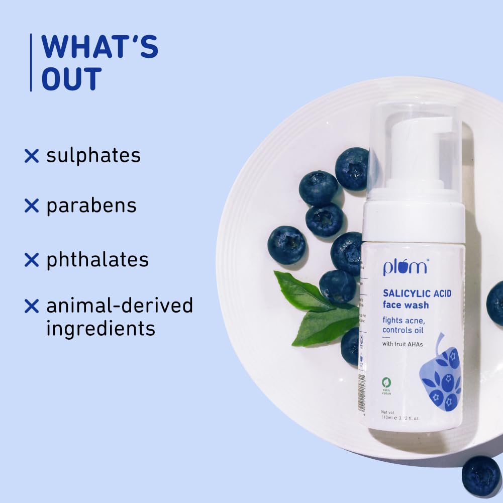 Plum 1% Encapsulated Salicylic Acid Foaming Face Wash | Fights Active Acne, Blackheads & Breakouts | with Glycolic Acid & Fruit AHAs | All Skin Types | Creamy Face Cleanser for Women & Men | 110ml