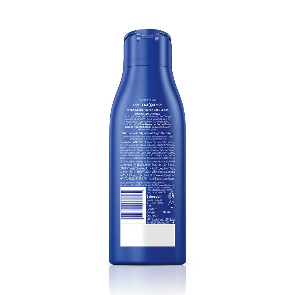 NIVEA Cocoa Nourish 200ml Body Lotion with Deep Moisture Serum| 48 H Moisturization | With Cocoa Butter & Coconut Oil | Non Greasy & Healthy Looking Skin |For Very Dry Skin