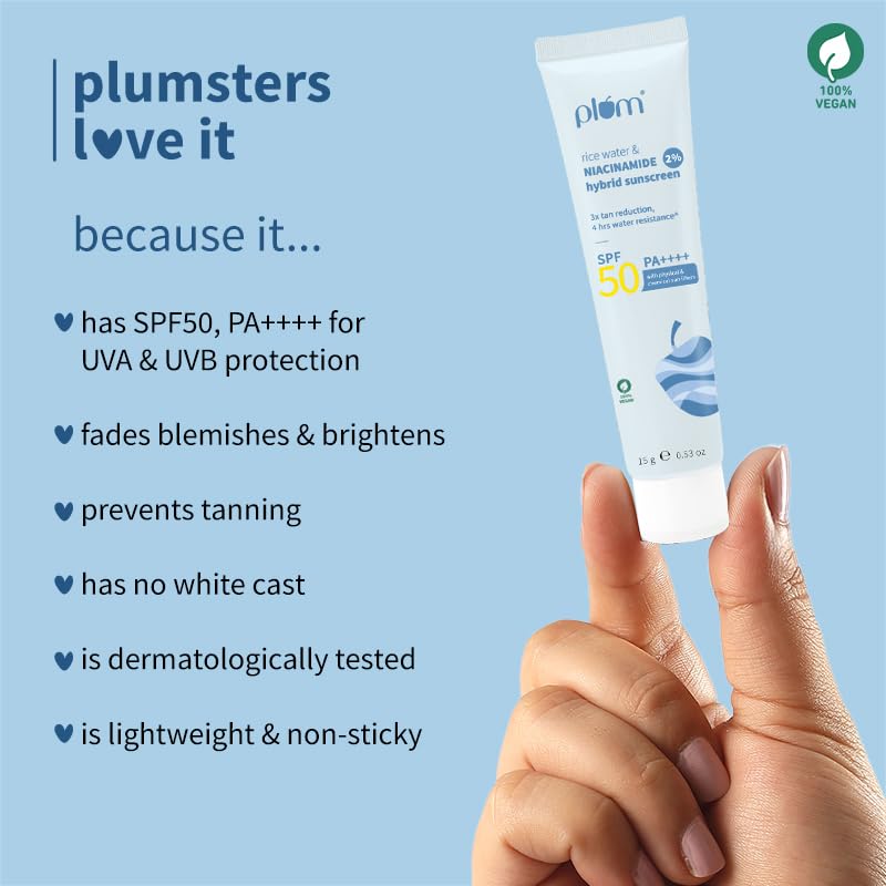 Plum 2% Niacinamide & Rice Water Sunscreen SPF 50 PA+++ | for Oily, Dry & Combination Skin | UVA/UVB Protection | Reduces Tan & Brightens Skin | No White Cast & Non-Sticky | for Women & Men | 15g