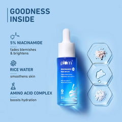 Plum 5% Niacinamide Face Serum for Clear & Bright Skin | with Rice Water | Provides Clear, Glowing & Brightening Skin | Lightweight & Beginner Friendly Serum for Women & Men | All Skin Types | 30ml