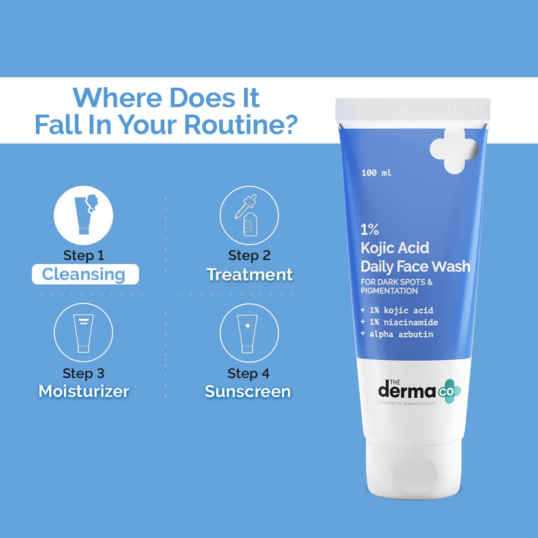The Derma Co 1% Kojic Acid Face Wash | With Niacinamide & Alpha Arbutin | Reduces Dark Spots, Pigmentation & Blemishes | Cleanses & Brightens Skin | Non-Drying Formula | For All Skin Types | 100 ml