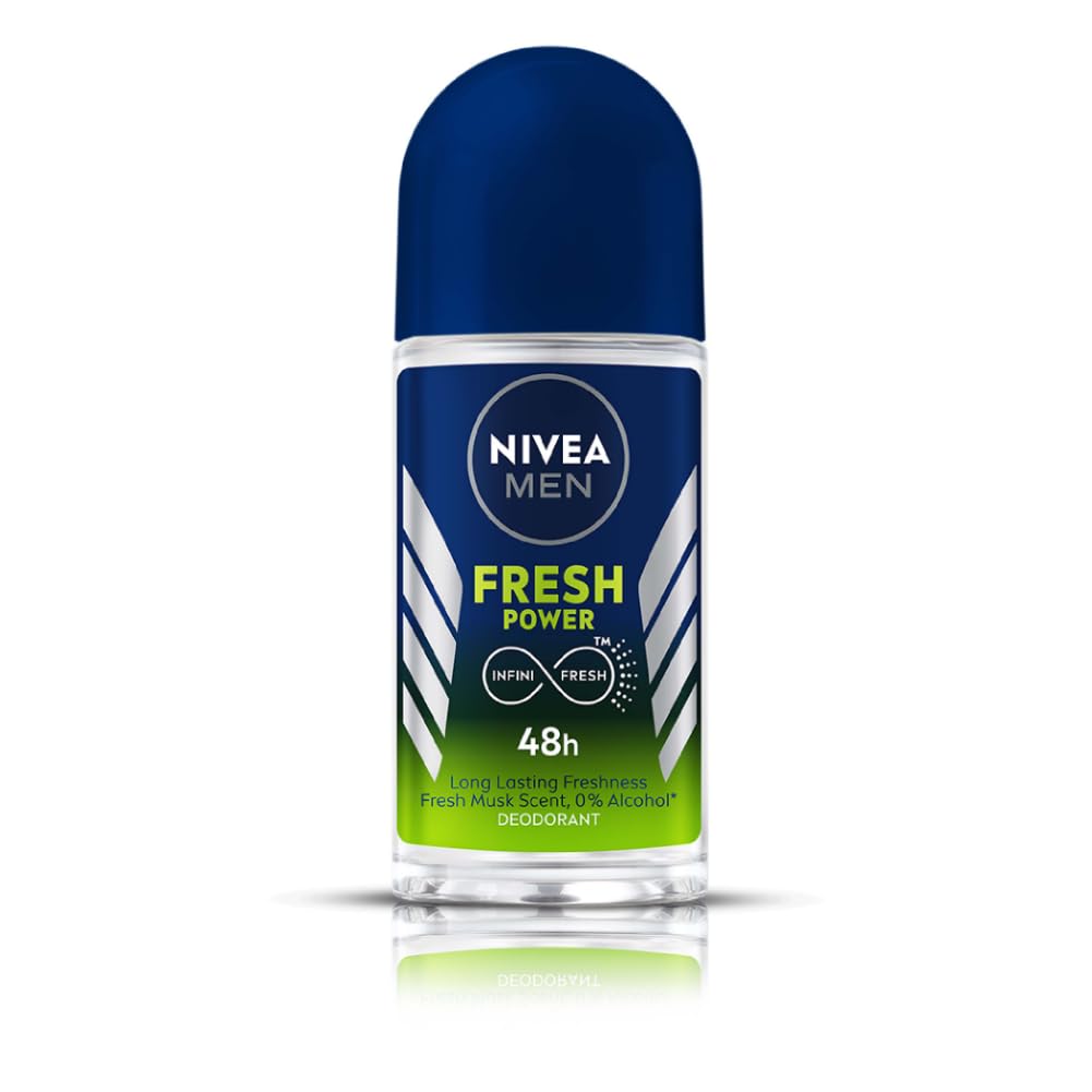 NIVEA MEN Fresh Power Underarm Roll-On Deodorant | 72 H Long Lasting Freshness | Fights bacteria and body odour | Fresh musk fragrance | 0% Alcohol | Dermatologically Approved & Paraben Free Formula | 50ml