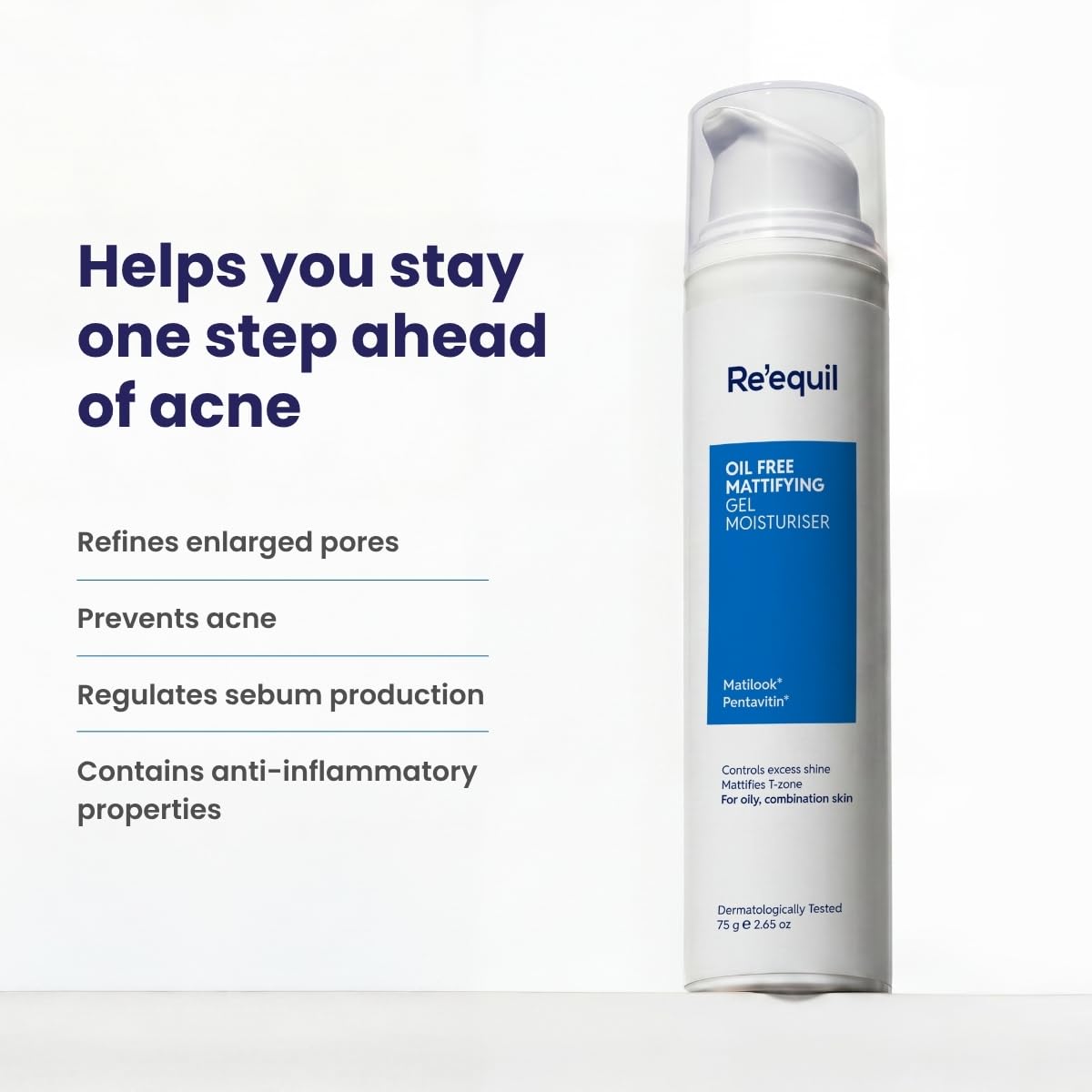 Re'equil Oil Free Mattifying Gel Moisturiser | Controls excess oil & shine | Non sticky, non greasy finish | For Oily, Acne Prone Skin | 75 gm