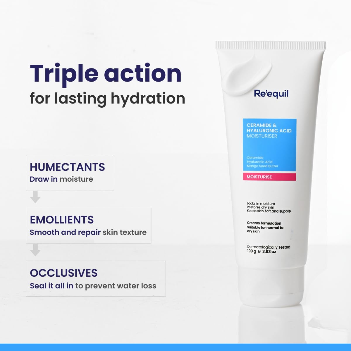 RE' EQUIL Ceramide & Hyaluronic Acid Moisturiser | Moisturizer For Face | Barrier Repair Cream | Long Lasting Hydration | Suitable For Normal To Dry Skin | 100G