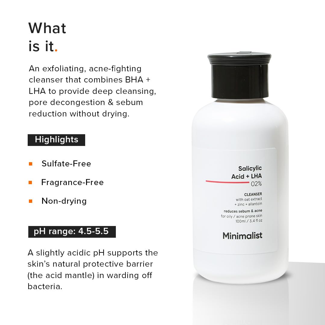 Minimalist Anti-Acne Salicylic Acid 2% Face Wash For Oily & Acne Prone Skin | With LHA for Pore Cleansing, Oil Control & Sebum Regulation | Cleanser for Women & Men | 100 ml