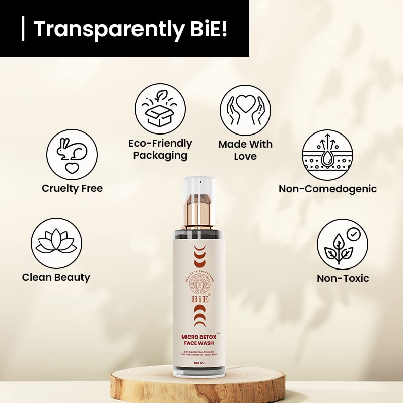 BiE Micro Detox Face Wash | Activated Charcoal - Fights Pollution and Acne | Lactic Acid - Brightens Skin | Tea Tree Oil - Controls Oil | SLS & Paraben Free | Bright & Skin Purifying | For Women & Men | 100ml