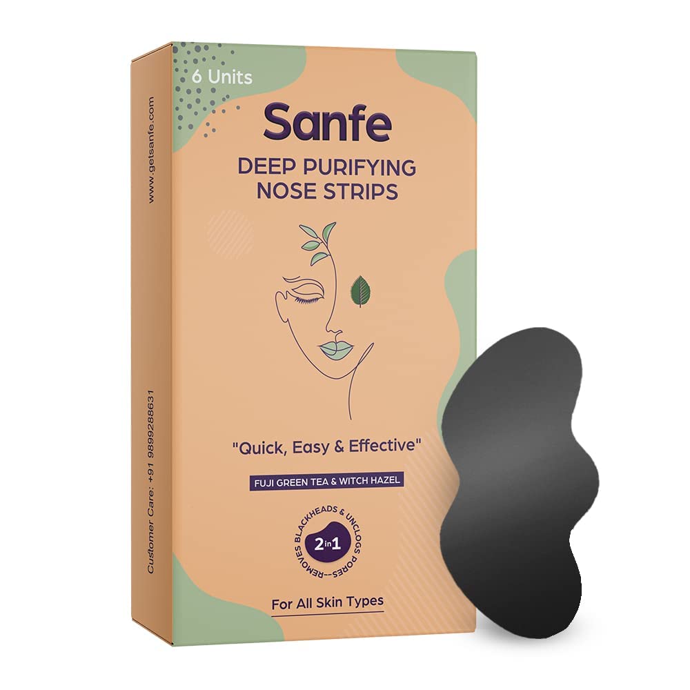 Sanfe Deep Purifying Nose Strips for Women & Men - With Fuji Green Tea & Witch Hazel extracts | Removes Whiteheads | Blackheads and cleanses pores (Pack of 6) | Instant Result