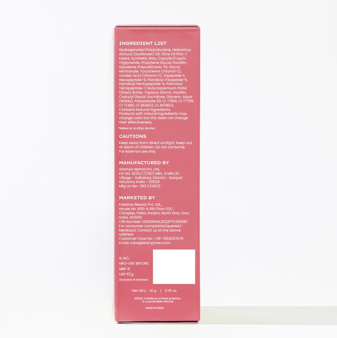 Hyphen Tinted Lip Balm - Marshmallow Pink | 1% Vitamin E, 2% Squalane & Peptides | Brightening Lip Balm for Dark Lips | 24h Moisturization & Hydration for Dry & Chapped Lips - 10 g
