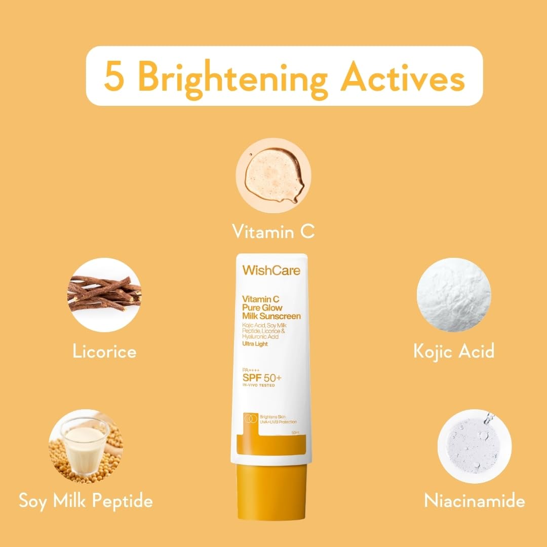 WishCare Vitamin C Pure Glow Milk Sunscreen with SPF 50 PA++++ In-Vivo Tested | Glowing Skin with Broad Spectrum Protection | Ultra Lightweight, Oil Free & No White Cast | For All Skin Types | 50ml