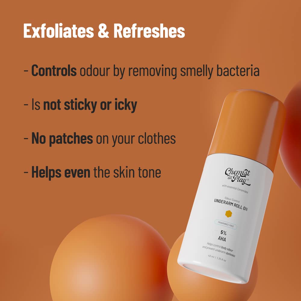 Chemist at Play UnderArm Roll-On with 5% AHA, Lactic Acid & 1% Mandelic Acid | Prevents Body Odour, Brightens Skin & Exfoliates Underarm | For Sensitive Skin | Fragrance Free | Alcohol Free - 40ml