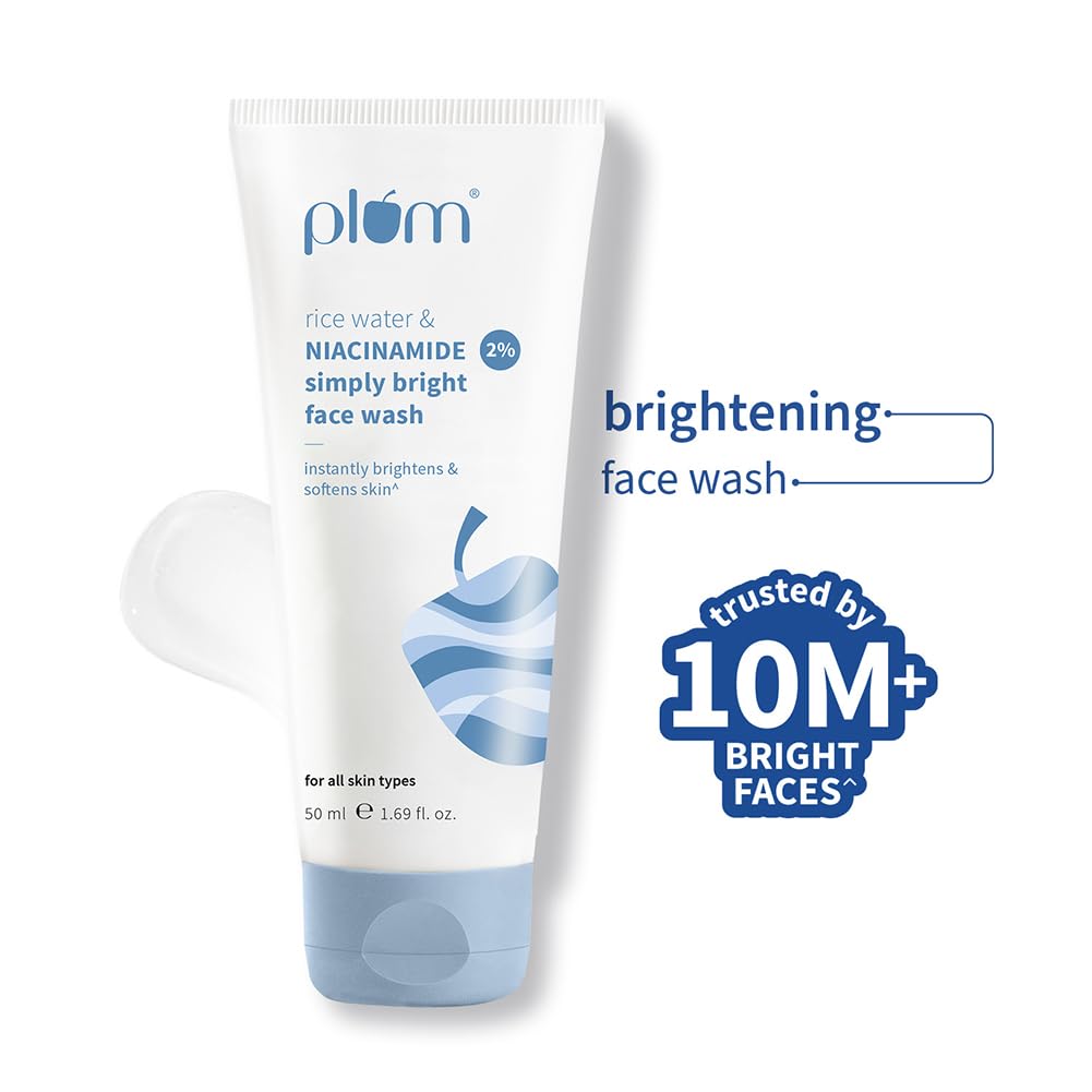 Plum Simply Bright 2% Niacinamide Face Wash With Rice Water | Brightens Skin, Helps Fade Blemishes | Softens & Smoothens Skin | Gentle & Non-Drying | Women & Men | 100% Vegan | 50 ml