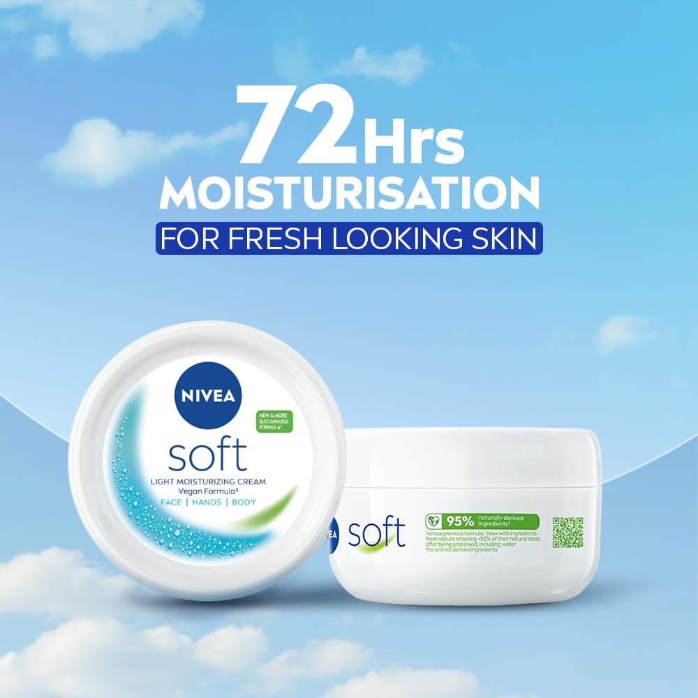 NIVEA Soft Moisturizing Cream, Lightweight Non-Sticky Daily Moisturizer with 72Hr Hydration, Vitamin E & Jojoba Oil | Hydrating Face, Body & Hand Cream for Dry to Normal Skin | Soft Glowing Skin - 300ml