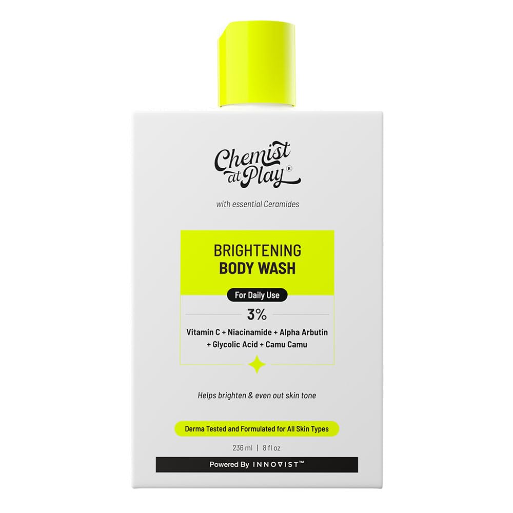 Chemist at Play Brightening Body Wash | Glowing Skin Vitamin C Bodywash | Helps to Reduce Fades Dark Spots, Tan & Evens out Skin Tone | Alpha Arbutin | 30X Vitamin C with Camu Camu | Unisex | 236ml