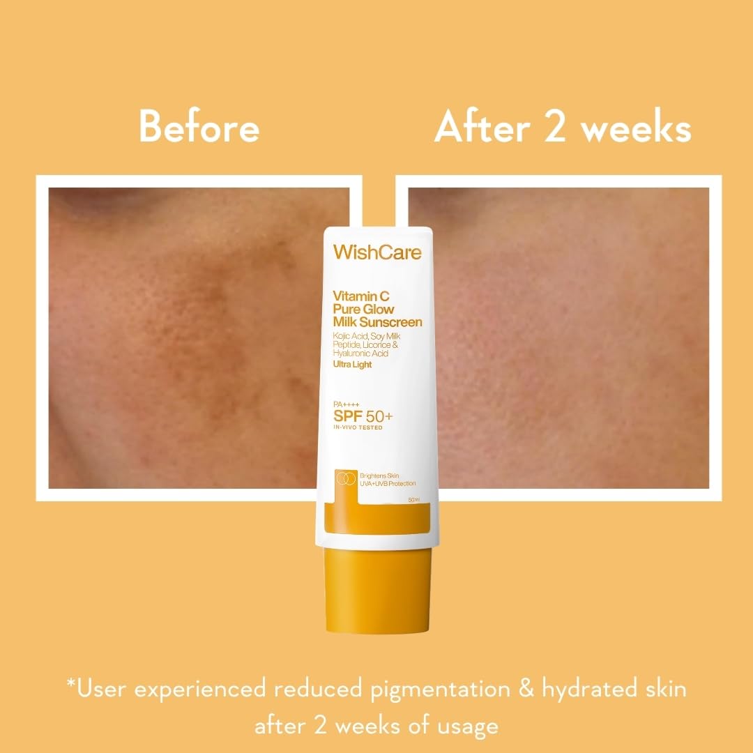 WishCare Vitamin C Pure Glow Milk Sunscreen with SPF 50 PA++++ In-Vivo Tested | Glowing Skin with Broad Spectrum Protection | Ultra Lightweight, Oil Free & No White Cast | For All Skin Types | 50ml