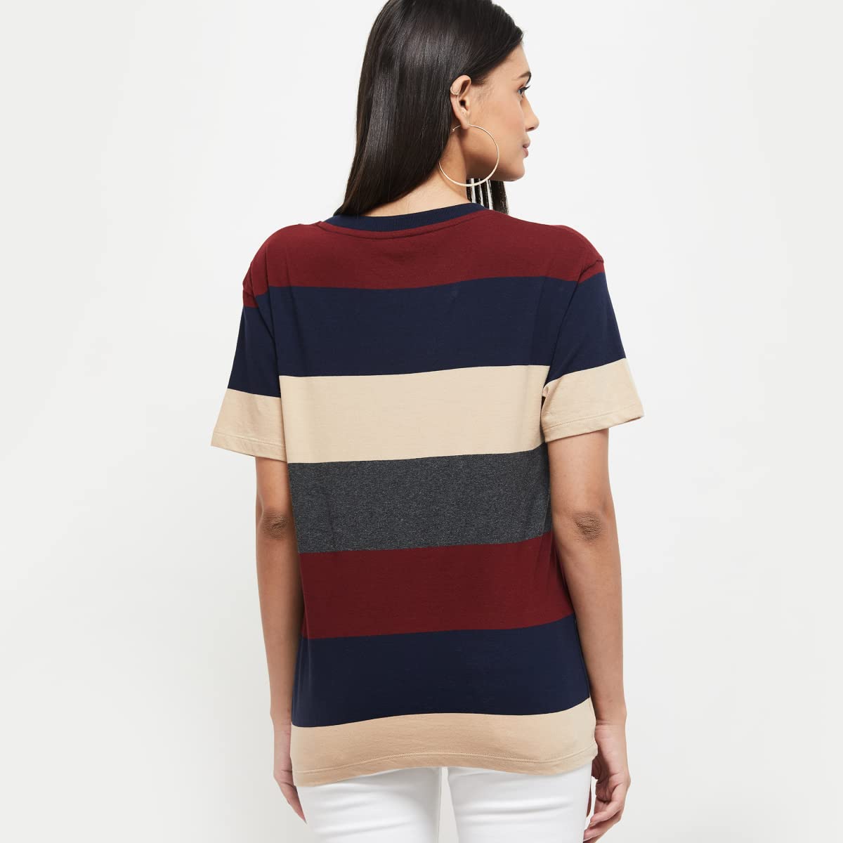Max Women's Cotton Regular Fit Striped Round Neck T-Shirt
