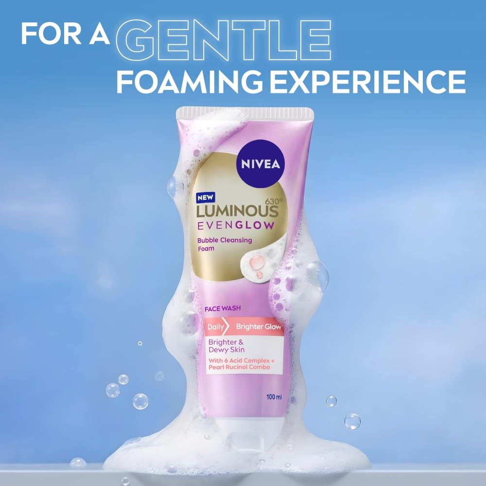 NIVEA Luminous Pearl Rucinol - Bubble Foaming Face Wash for Brighter Glow, 100 ml | Cleanses, Brightens, Unclogs Pores & Hydrates | Removes Make Up | For oily, dry & sensitive skin | Men & women
