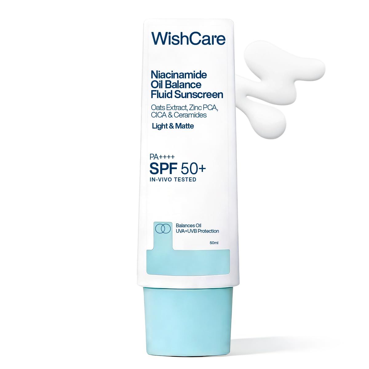 WishCare Niacinamide Oil Balance Fluid Sunscreen SPF 50 PA++++ In-Vivo Tested | 8Hrs+ SPF Protection | Lightweight, Matte & No White Cast | Photostable Sunscreen SPF 50 | 50 ml
