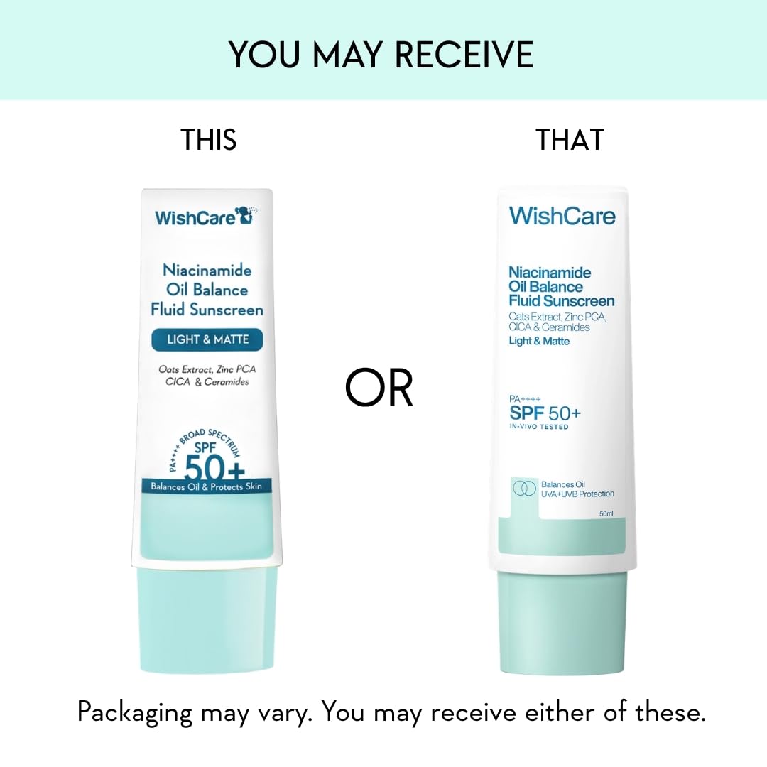 WishCare Niacinamide Oil Balance Fluid Sunscreen SPF 50 PA++++ In-Vivo Tested | 8Hrs+ SPF Protection | Lightweight, Matte & No White Cast | Photostable Sunscreen SPF 50 | 50 ml