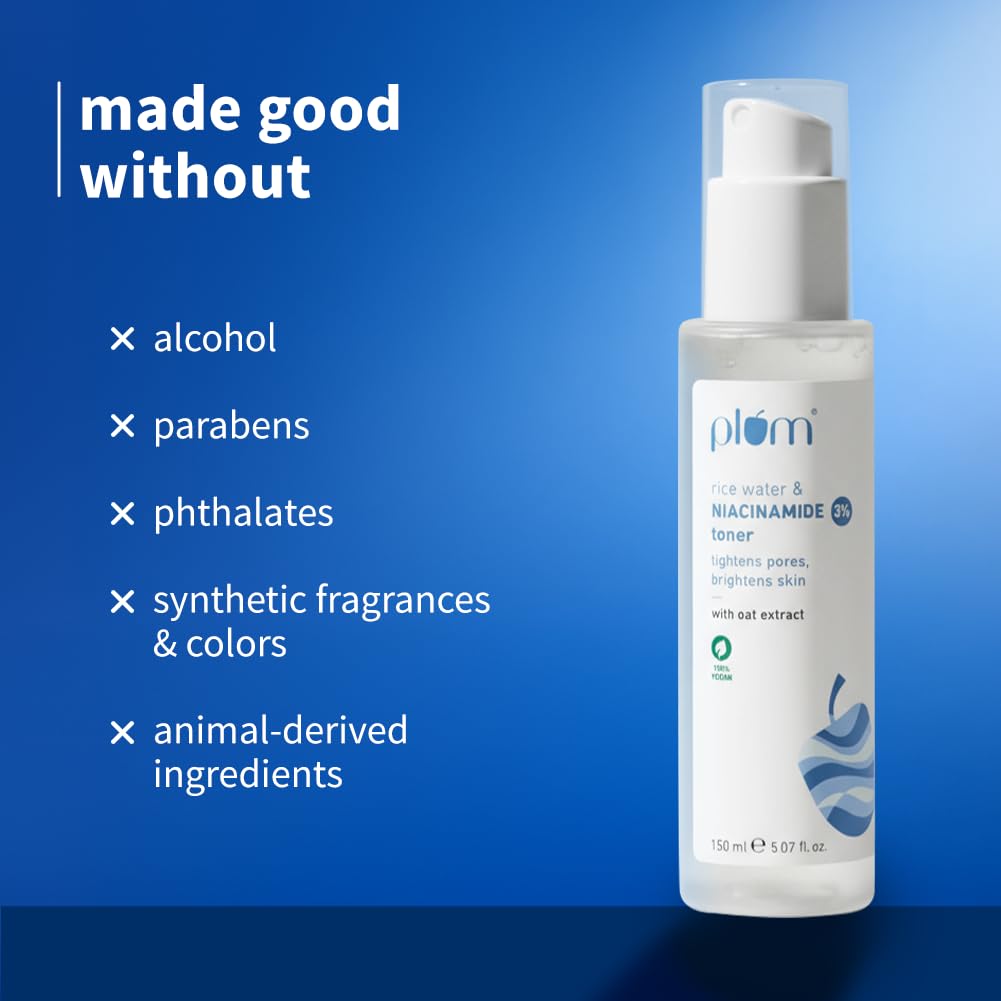 Plum 3% Niacinamide & Rice Water Face Toner | Alcohol-Free Toner for Oily Acne Prone Dry Combination Skin | Pore Tightening & Glowing Skin |Fades Blemishes, Brightens & Smoothens | Women & Men | 150ml