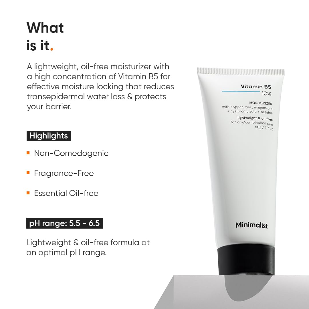 Minimalist Dehydrated Skin Moisturizer with 10% Vitamin B5 for Oily & Acne-Prone Skin | Oil-Free Hydration & Lightweight Gel Formula for Damaged Barrier Repair | Fast-Absorbing & Non-Sticky Lightweight Winter Cream For Women & Men | Fragrance-Free | 50 gr