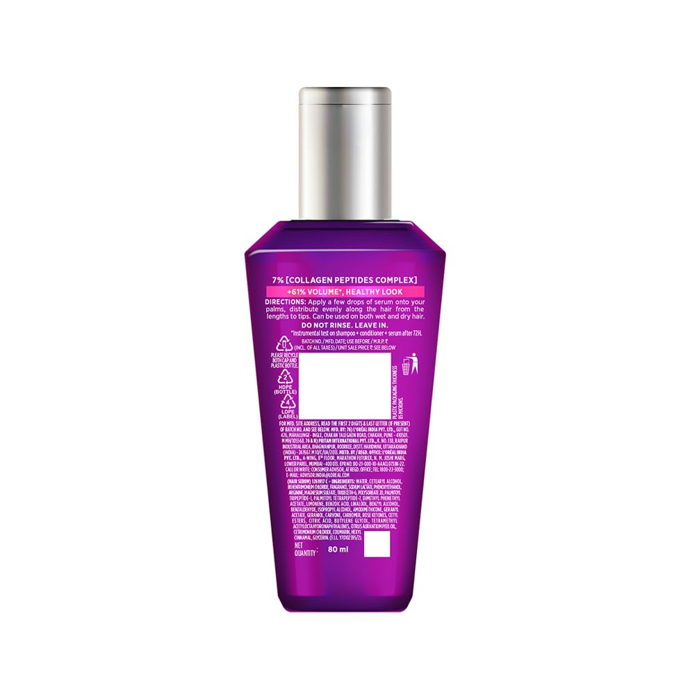 L'Oréal Paris Collagen Lifter Hair Thickening Serum with 7% Collagen Peptides for thin, flat hair | 72H lightweight volume & Frizz free hair, 80ml