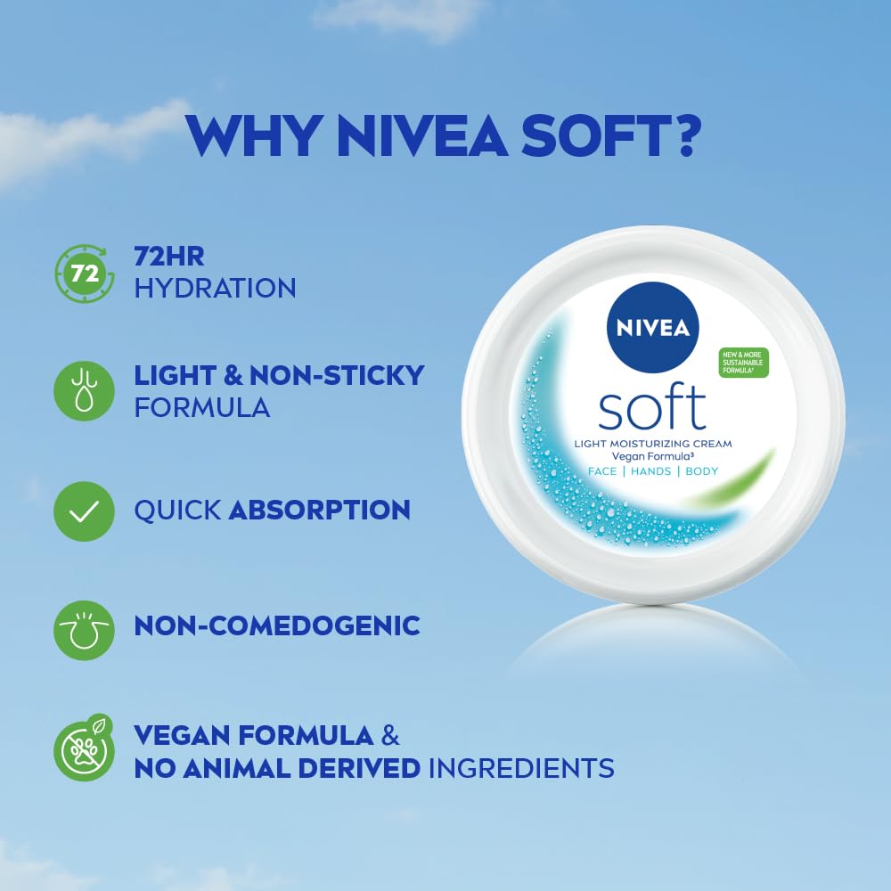 NIVEA Soft Moisturizing Cream, Lightweight Non-Sticky Daily Moisturizer with 72Hr Hydration, Vitamin E & Jojoba Oil | Hydrating Face, Body & Hand Cream for Dry to Normal Skin | Soft Glowing Skin - 300ml
