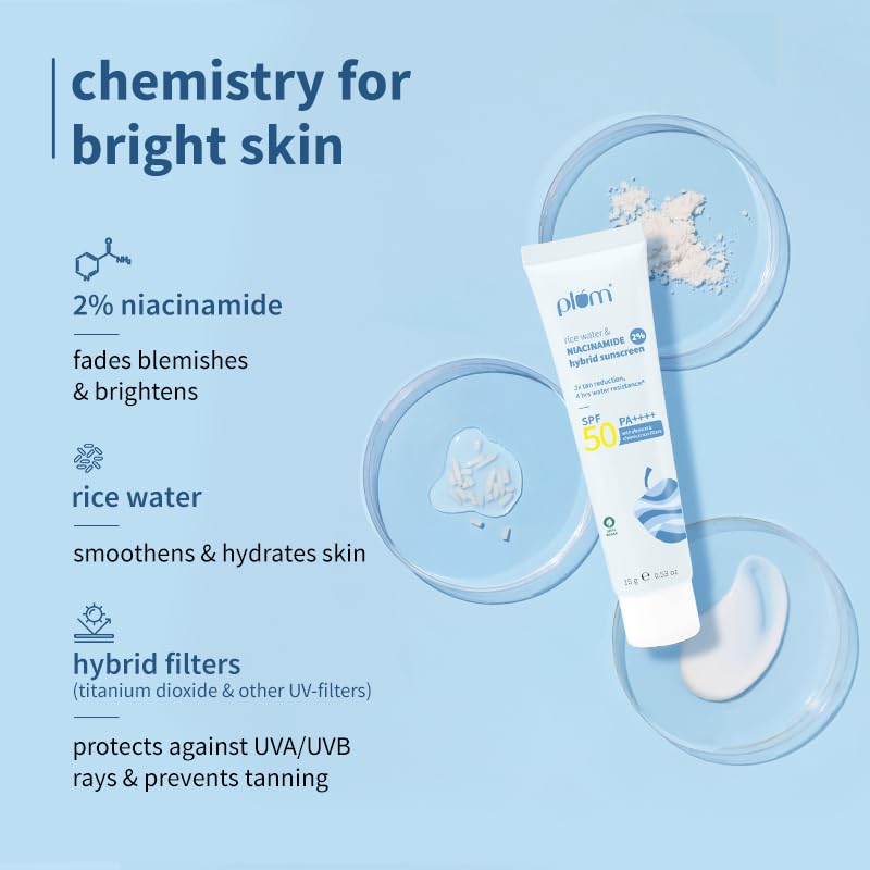 Plum 2% Niacinamide & Rice Water Sunscreen SPF 50 PA+++ | for Oily, Dry & Combination Skin | UVA/UVB Protection | Reduces Tan & Brightens Skin | No White Cast & Non-Sticky | for Women & Men | 15g