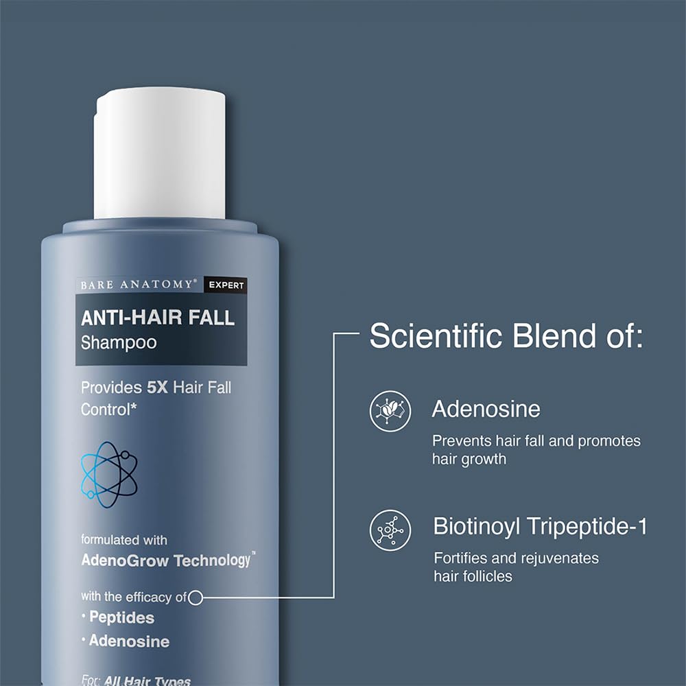 Bare Anatomy Anti Hair Fall Shampoo | 5x Hair Fall Control & Growth | Contains Biotin Adenosine, & Peptides | Rosemary, Rice Water, Hyaluronic Acid | For All Hair Types | For Women & Men | 100ml